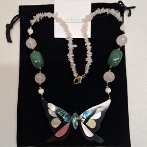 Vintage Lee Sands Abalone Inlay Butterfly Necklace Rose Quarts Jade Bead 18"